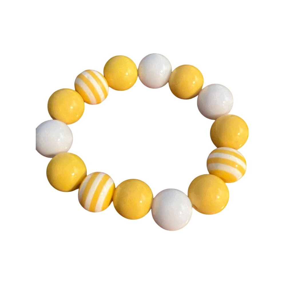 Vintage Acrylic Bead Stretch Bracelet White Lemon Yellow Striped Vacation Summer